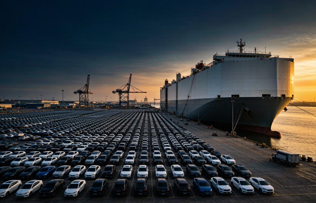 RoRo car carrier ship docked at a Chinese export port with thousands of new vehicles lined up for shipment at dusk