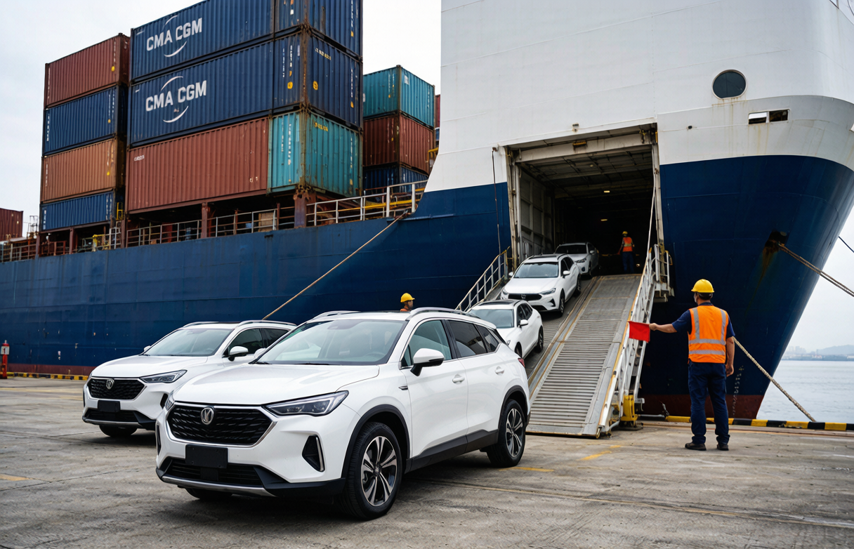 Vehicles being loaded onto a carrier ship for export at a container port