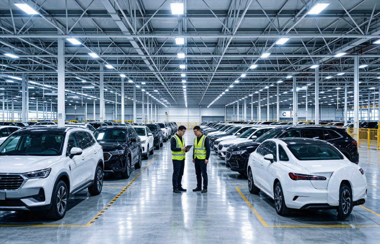 AutoExport vehicle logistics warehouse with rows of new cars undergoing pre-export inspection
